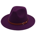 Close-up of purple cashmere fedora hat with brown leather belt and golden buckle detail - M (56-58cm) / Deep purple