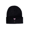 Detailed view of pink butterfly embroidery and text on a black knitted winter beanie - M (56-58cm) / Black