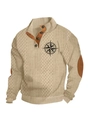 Beige men's chunky knit sweater with three-button stand collar and compass print - S / Tops / Khaki (Compass Pattern 2)