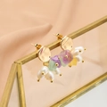 Boucles d'oreilles dorées avec perles blanches et pierres précieuses sur soie - Multicolore Jaune Vert Violet
