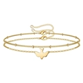 Detail view of a gold double-layer anklet with bird pendant and zircon stone accents - Gold Bird Double-layer Bracelet (0173)