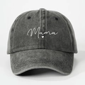 Detail of grey washed baseball cap with white Mama script and heart embroidery - Black