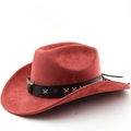 Detail of red faux suede cowboy hat with leather band and metal bull head accessory - M (56-58cm) / Brick Red