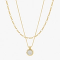 Double layer necklace with 24K gold Figaro chain and round white shell pendant - Necklace / White Jade
