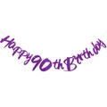 Glitter purple Happy 90th Birthday banner for party decorations with hanging string - 90th Birthday Glitter Style / Purple