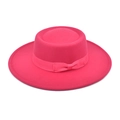 Detail of wool felt boater hat featuring a bright pink ribbon and delicate bow accent - M (56-58cm) / Rose Red