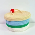 Cesta de almacenamiento redonda de cuerda de algodón con tapa y rayas de colores azul y verde - Tapa blanco roto (22*12)