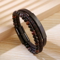 Multilayer brown leather braided bracelet with tiger eye beads and black magnetic clasp - 18.5cm / Coffee