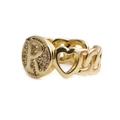 Macro detail of gold ring featuring rhinestone letter R, heart charm and chain band - Letter R