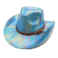 Detail of holographic cowboy hat with snake texture and brown leather strap buckle - M (56-58cm) / Lake Blue