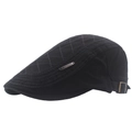 Black cotton newsboy cap with quilted diamond pattern and side metal logo plaque - Black