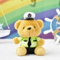 Detailed close-up of a mini plush bear doll dressed in a police traffic uniform - 14cm (Gold Lobster Clasp) / Traffic Police Style