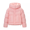 Pink hooded puffer jacket with white interlocking geometric patterns and adjustable hem - S / Pink