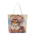 Grande borsa tote in tela beige con ricamo a tigre cartone animato e fiori - Stile 1 (Tigre Ricamata)