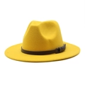 Close-up of bright yellow wool fedora hat featuring a brown leather band and metal buckle - M (56-58cm) / Yellow