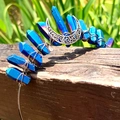 Detail of bohemian crown featuring raw blue crystals and silver moon charms with hand-wrapped wire - Deep Blue Crystal with Silver Wire & Moon