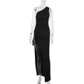 Detail van zwarte one-shoulder jurk met koordjes rimpeling en hoge zijsplit - S / Zwart