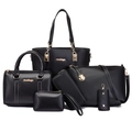 6-piece black handbag set for women with white stitching and gold hardware - Black