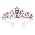 Exquisite bridal tiara crown with purple center gemstone and colorful crystal accents - Silver Base Multi-color