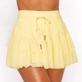 Pale yellow tiered mesh mini skirt featuring an elastic drawstring waist and metal toggles - M / Yellow