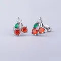 316L surgical steel cherry ear studs with red and green zircons for piercings - 0.8mm Gauge x 6mm Length / Silver Red Green Cherry (Style 6)