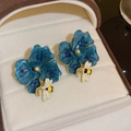 Deep Blue Enamel Flower Bee Earrings