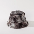 Detailed view of grey and white tie-dye faux fur bucket hat with fluffy winter texture - M(56-58cm) / Grey-White Tie-Dye (No.5)