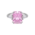 Macro detail of three-stone ring with pink rectangular gem and silver setting - US 5 / Pink Rectangle Main Stone Style