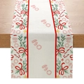 Beige polyester Christmas table runner with Ho-Ho-Ho print and red border on wood - Beige Red Edge HoHo (ZQ28-3)