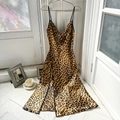 Women's leopard print satin nightgown with adjustable straps and high side slit - S / Brown Leopard Print
