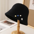 Cute black lamb wool bucket hat for women with colorful heart and bear charms - M (56-58cm) / Bear Style / Black