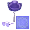 Set cowboy viola con piume, occhiali a cuore e bandana, completo da festa 3 pezzi - Set 3 Pezzi Filo d'Argento Piume Viola