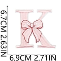 Detail showing letter K embroidery patch with pink bow and precise dimension measurements - Bow Alphabet Letter K