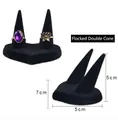 Black flocked velvet double ring stand holder with heart base for jewelry display - Velvet Sharp Finger Ring Stand