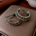 Detailed close-up of vintage round hoop earrings with colorful marquise-cut zircon stones - Multi-color (Yellow-Pink-Green) Silver Pin