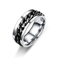 Detailed close-up of a rotating silver stainless steel ring with a black Cuban chain inlay - Size 6 / Black
