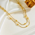 Double layered 18k gold snake chain necklace with smooth oval beads on white silk - Double Layer Gold Oval Bean Style (C202)