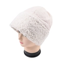 Pink women's winter bucket hat with thick lamb wool trim on a mannequin head - White
