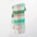 Soft checkered scarf in green, beige and white with fringe, folded view - Green, Beige and White Plaid (Style C)