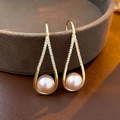 Pendientes vintage de oro con perlas rosa-púrpura y detalles de circón brillante - Gancho de Perla Púrpura Rosa Zirconia Gota de Agua Dorada