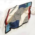Pleated square scarf in multi-color geometric patchwork of navy, cream, and green - Modern Geometric Multi