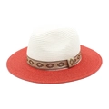 Detail of two-tone panama hat with red brim and geometric pattern jacquard ribbon - M(56-58cm) / White + Red