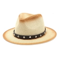 Detail of gradient straw fedora hat featuring black leather belt with silver punk rivets - M (56-58cm) / Beige + Caramel