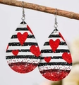 Teardrop earrings with red heart and black stripes featuring red glitter details - 7# Teardrop Stripes Red Heart Glitter