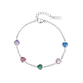 Adjustable stainless steel chain bracelet featuring five colorful heart-shaped crystals - Silver-Multicolor Zirconia