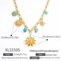 Collar de capas en acero dorado con cuentas azules y colgantes de girasol y estrella - XL31595-Estilo Girasol / Dorado