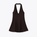 Fashionable off-shoulder halter neck mini dress in deep coffee with a sleeveless A-line silhouette - XS / Coffee