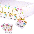 White disposable PE tablecloth featuring gold unicorn faces and colorful stars - New Design Unicorn Style - Large