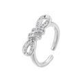 Close-up of a silver bow ring with shimmering pavé micro-inlaid zircons and adjustable band - VJ606-Twisted Bow / White Gold