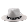 Light gray woven fedora sun hat with black and white band and silver rivet accents - Gray